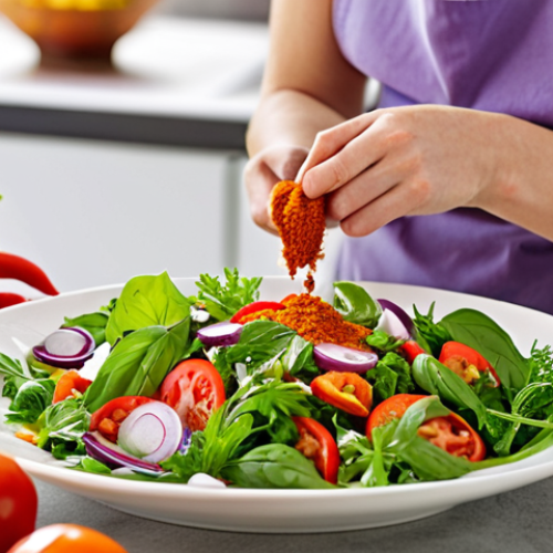 Home 15 **
A brightly lit kitchen scene showcasing a person preparing a colorful salad. Focus on fresh herbs (basil, parsley), spices (paprika), and a variety of vegetables. The salad is dressed with a light vinaigrette. Emphasize the vibrant colors and healthy ingredients, suggesting a flavorful, low-sodium meal.
**