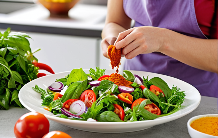 **
A brightly lit kitchen scene showcasing a person preparing a colorful salad. Focus on fresh herbs (basil, parsley), spices (paprika), and a variety of vegetables. The salad is dressed with a light vinaigrette. Emphasize the vibrant colors and healthy ingredients, suggesting a flavorful, low-sodium meal.
**