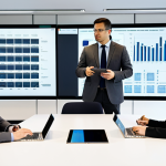 A diverse group of professionals, including a government official in a dark professional business suit, a tech developer in a neat smart-casual blazer, and a corporate sustainability manager in a modest grey pantsuit, are collaboratively reviewing data on a large digital screen in a modern, well-lit conference room. The screen displays clear charts and graphs related to food waste reduction initiatives and economic incentives. On the polished conference table, there are documents, a tablet, and a laptop. The atmosphere is serious and focused, conveying strategic planning and innovative solutions. fully clothed, modest clothing, appropriate attire, professional dress, safe for work, appropriate content, perfect anatomy, correct proportions, natural pose, well-formed hands, proper finger count, natural body proportions, high quality.