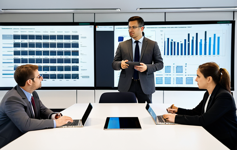 A diverse group of professionals, including a government official in a dark professional business suit, a tech developer in a neat smart-casual blazer, and a corporate sustainability manager in a modest grey pantsuit, are collaboratively reviewing data on a large digital screen in a modern, well-lit conference room. The screen displays clear charts and graphs related to food waste reduction initiatives and economic incentives. On the polished conference table, there are documents, a tablet, and a laptop. The atmosphere is serious and focused, conveying strategic planning and innovative solutions. fully clothed, modest clothing, appropriate attire, professional dress, safe for work, appropriate content, perfect anatomy, correct proportions, natural pose, well-formed hands, proper finger count, natural body proportions, high quality.