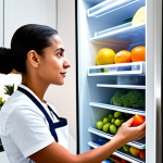 A professional Brazilian woman, fully clothed in modest, stylish kitchen attire with a clean apron, is thoughtfully organizing a bright, modern refrigerator. The fridge is impeccably neat, filled with colorful, fresh fruits and vegetables in clear, labeled containers. She has perfect anatomy, correct proportions, and a natural pose, with well-formed hands and proper finger count. The scene conveys efficiency and freshness. High-quality professional photography, appropriate content, safe for work, family-friendly, natural body proportions.