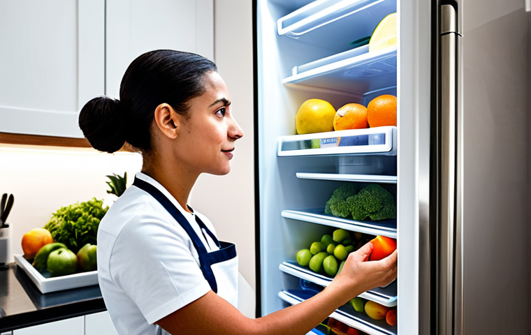 A professional Brazilian woman, fully clothed in modest, stylish kitchen attire with a clean apron, is thoughtfully organizing a bright, modern refrigerator. The fridge is impeccably neat, filled with colorful, fresh fruits and vegetables in clear, labeled containers. She has perfect anatomy, correct proportions, and a natural pose, with well-formed hands and proper finger count. The scene conveys efficiency and freshness. High-quality professional photography, appropriate content, safe for work, family-friendly, natural body proportions.
