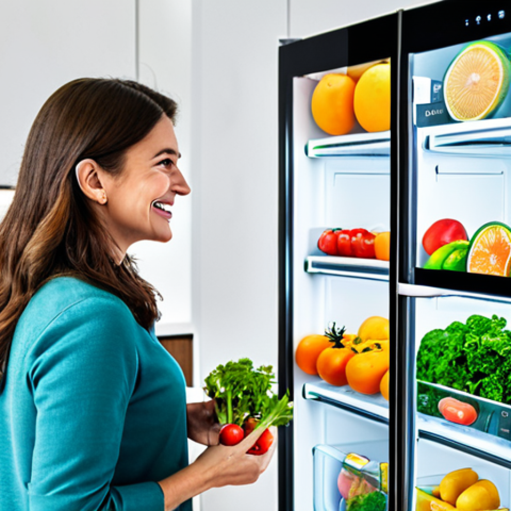 음식물 쓰레기 문제 해결을 위한 기술 혁신 - Smart Fridge in a Modern Kitchen**
"A bright, modern kitchen featuring a smart refrigerator with a ...
