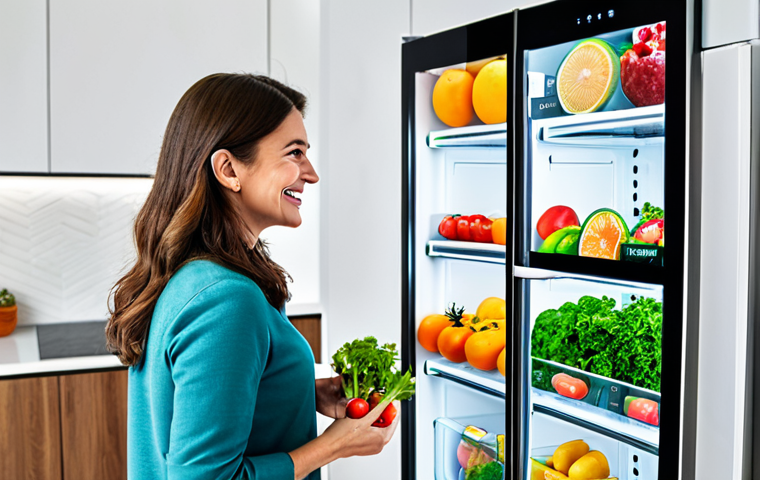 음식물 쓰레기 문제 해결을 위한 기술 혁신 - Smart Fridge in a Modern Kitchen**
"A bright, modern kitchen featuring a smart refrigerator with a ...