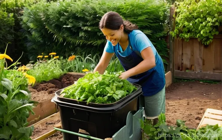 식품 안전과 폐기물 관리의 연관성 - **Prompt 1: The Art of Composting**
    "A bright, sunlit backyard garden scene in Portugal. A smili...