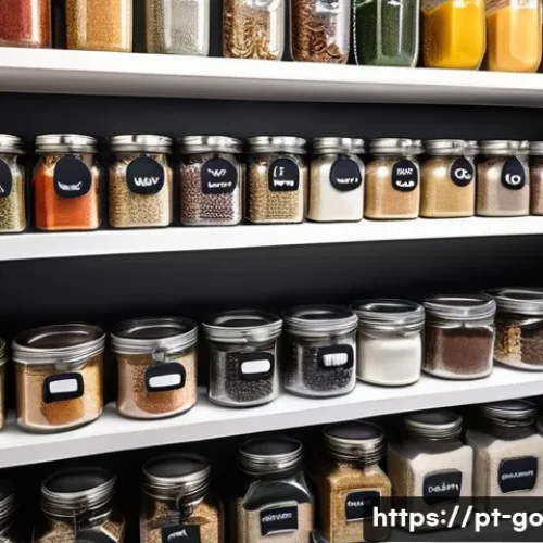 Home 31 가정에서의 음식물 쓰레기 줄이기 실천 사례 - A brightly lit, modern kitchen pantry with neatly arranged shelves showcasing various food categorie...