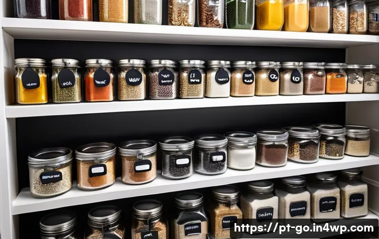가정에서의 음식물 쓰레기 줄이기 실천 사례 - A brightly lit, modern kitchen pantry with neatly arranged shelves showcasing various food categorie...