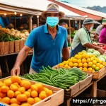 Home 18 식품 선택에서의 환경적 고려와 폐기물 관리 - A vibrant local farmer’s market scene in Brazil during the morning, showcasing diverse fresh seasona...
