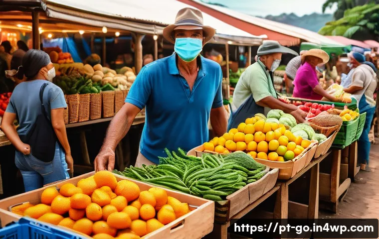 식품 선택에서의 환경적 고려와 폐기물 관리 - A vibrant local farmer’s market scene in Brazil during the morning, showcasing diverse fresh seasona...