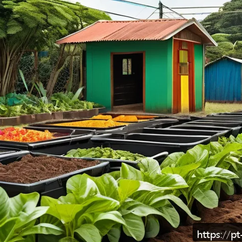식품 폐기물 감소를 위한 대안적 농업 사례 - A vibrant community garden scene in Brazil featuring diverse people of various ages collaboratively ...