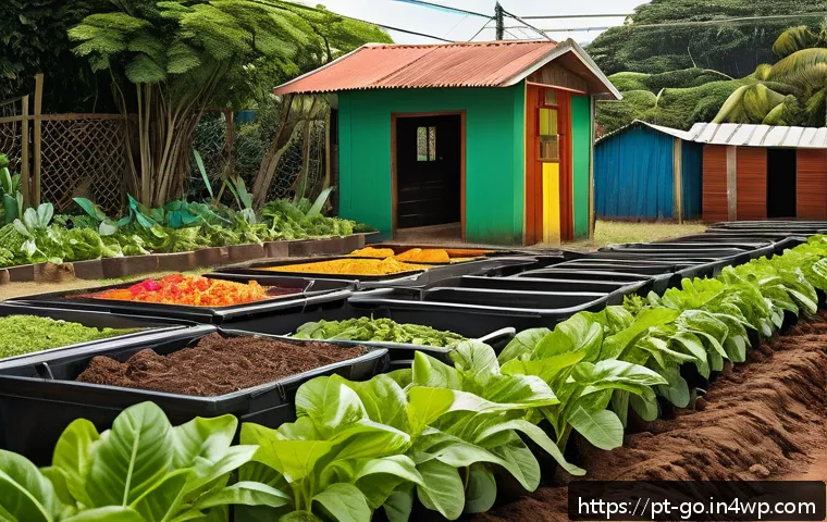 식품 폐기물 감소를 위한 대안적 농업 사례 - A vibrant community garden scene in Brazil featuring diverse people of various ages collaboratively ...