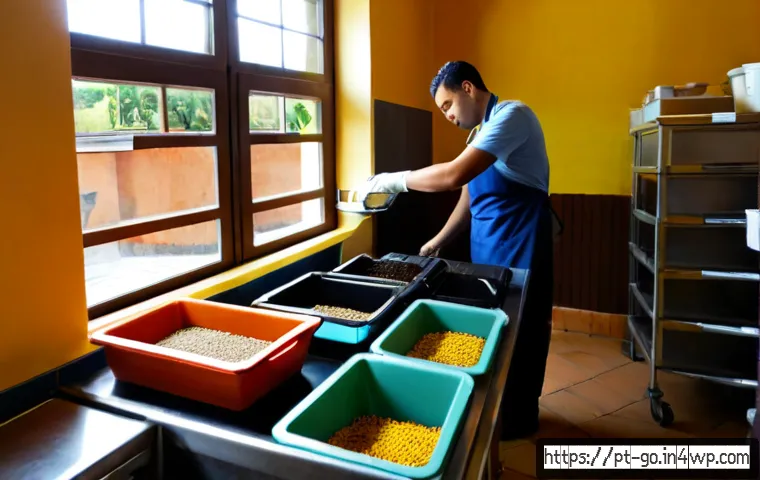 Home 17 소규모 비즈니스의 식품 폐기물 관리 전략 - Photorealistic small Portuguese neighborhood café kitchen, owner wearing a clean apron sorting veget...