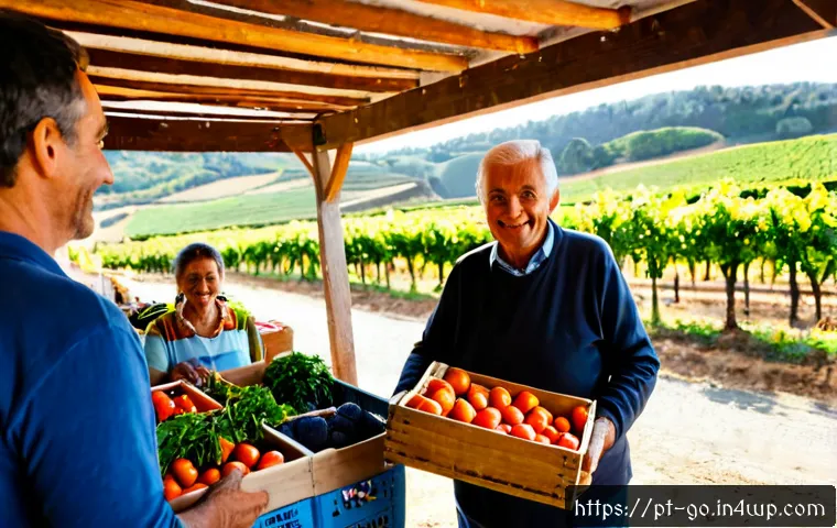 Home 17 농가와 소비자가 함께하는 폐기물 줄이기 전략 - Photorealistic rural farmers market in Portugal, an elderly farmer handing a wooden crate of slightl...